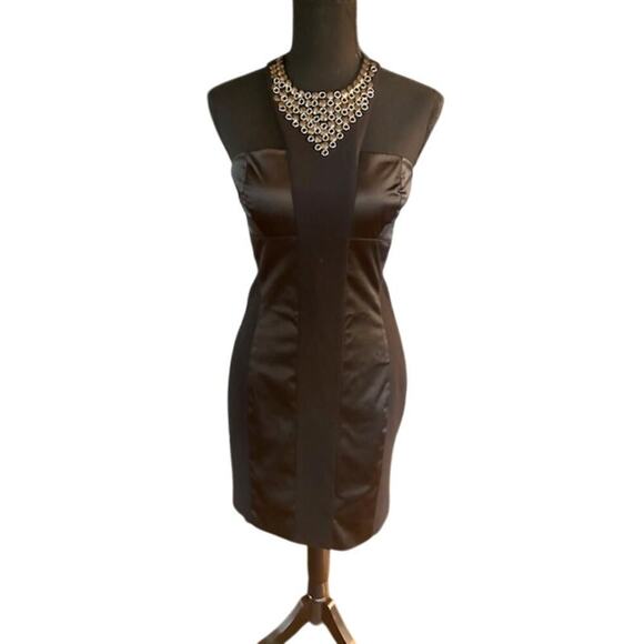 Bebe Black Satin Panel Bodycon Mini Dress with Embellished Halter Neck – Size M - Picture 1 of 7